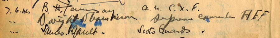Signatures of Eisenhower & Ramsay in Guest Book of HMS Undaunted on the 7 June 1944