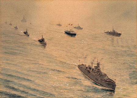 The Royal Yacht Britannia escorted by HMS Verulam (F29)