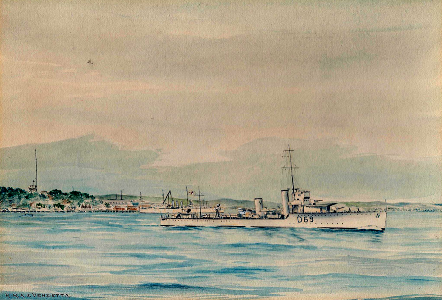 HMS Vendetta, V & W destroyer, D69; painted by Eric E.C. Tufnell in 1935