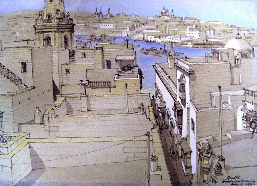Rooftop painting in Malta by war artist Herbert H. McWilliams