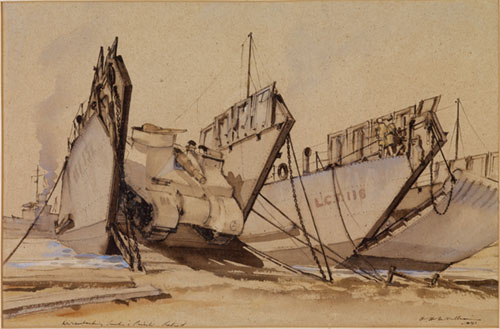 Landing craft at Kabret, watercolour