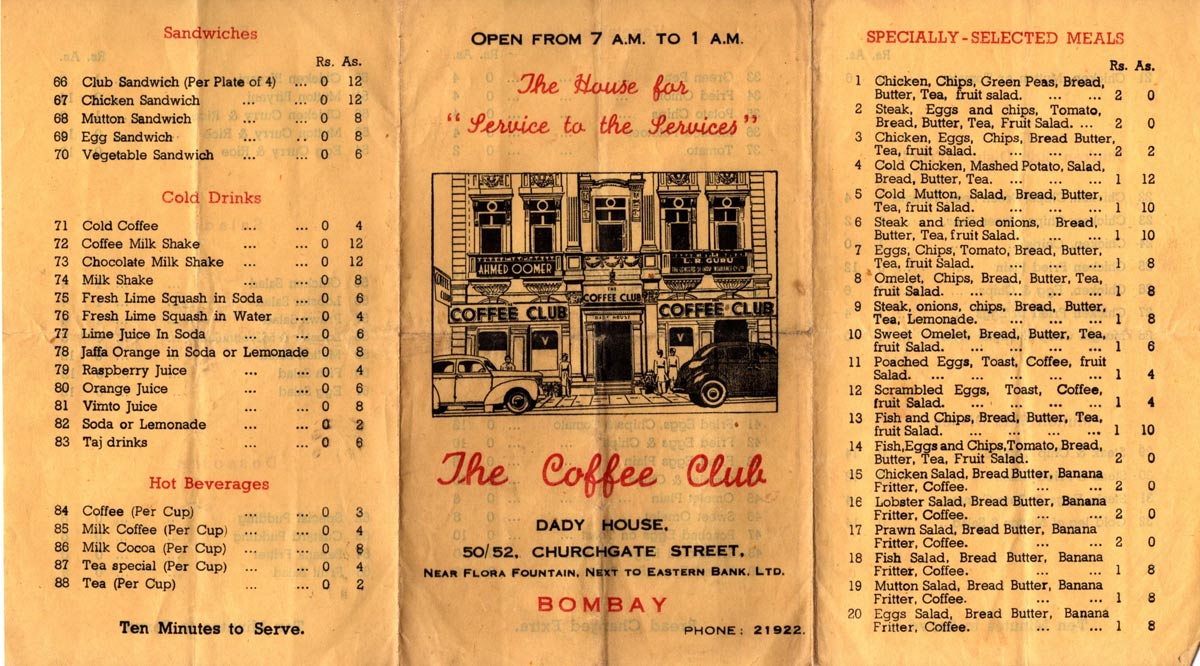 Bombay Coffee Club Menu