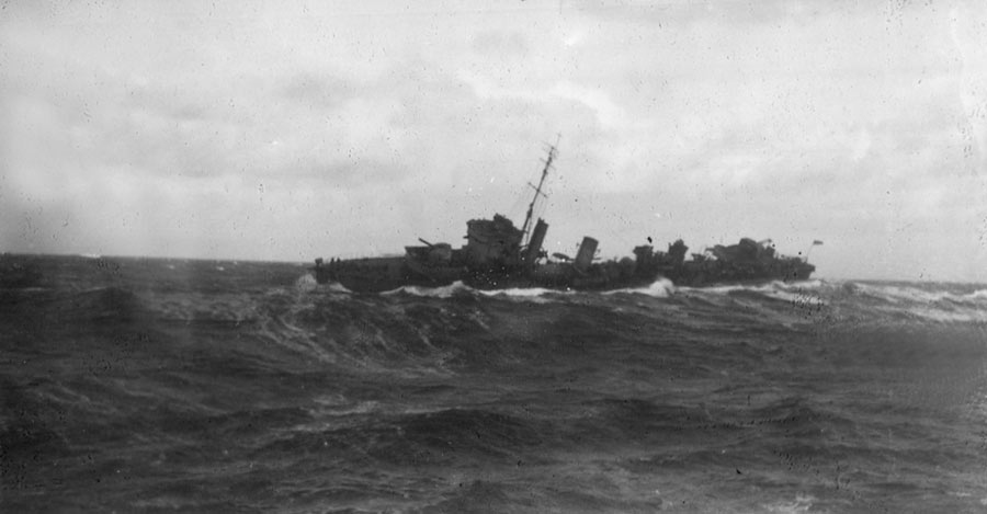 HMS Vimiera in rough seas on convoy duty