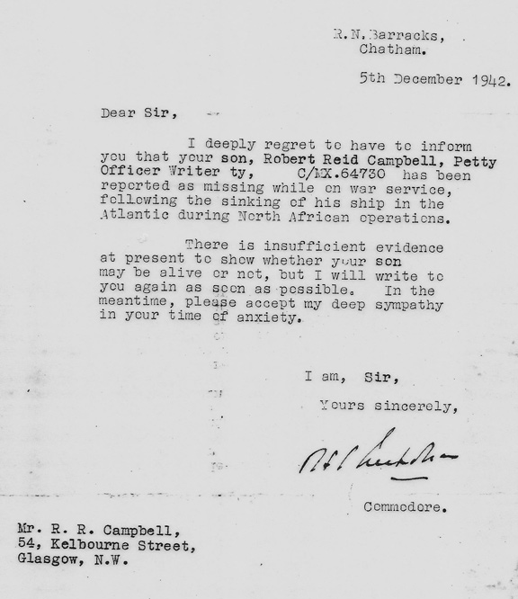 Letter from RN Barracks Chatham on 5 Dec 1942  reporting R R Camp[bell missing on
