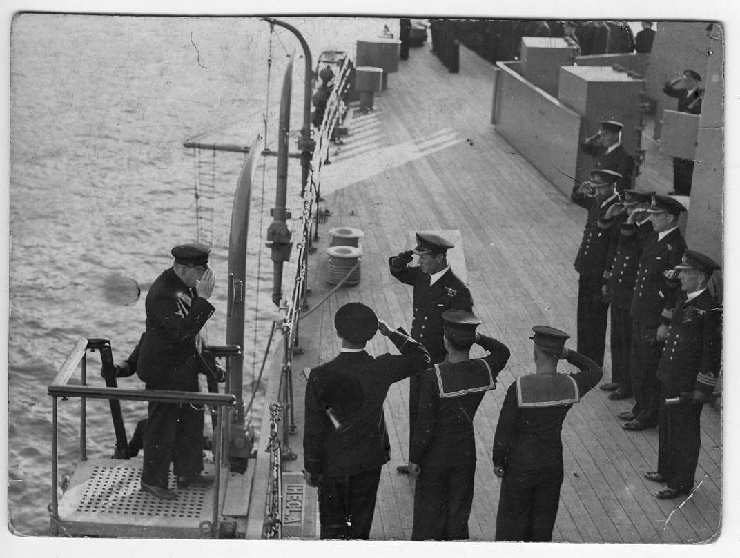 Churchill coming aboard HMS Hecla at Havelfjord, Icelland, 1941